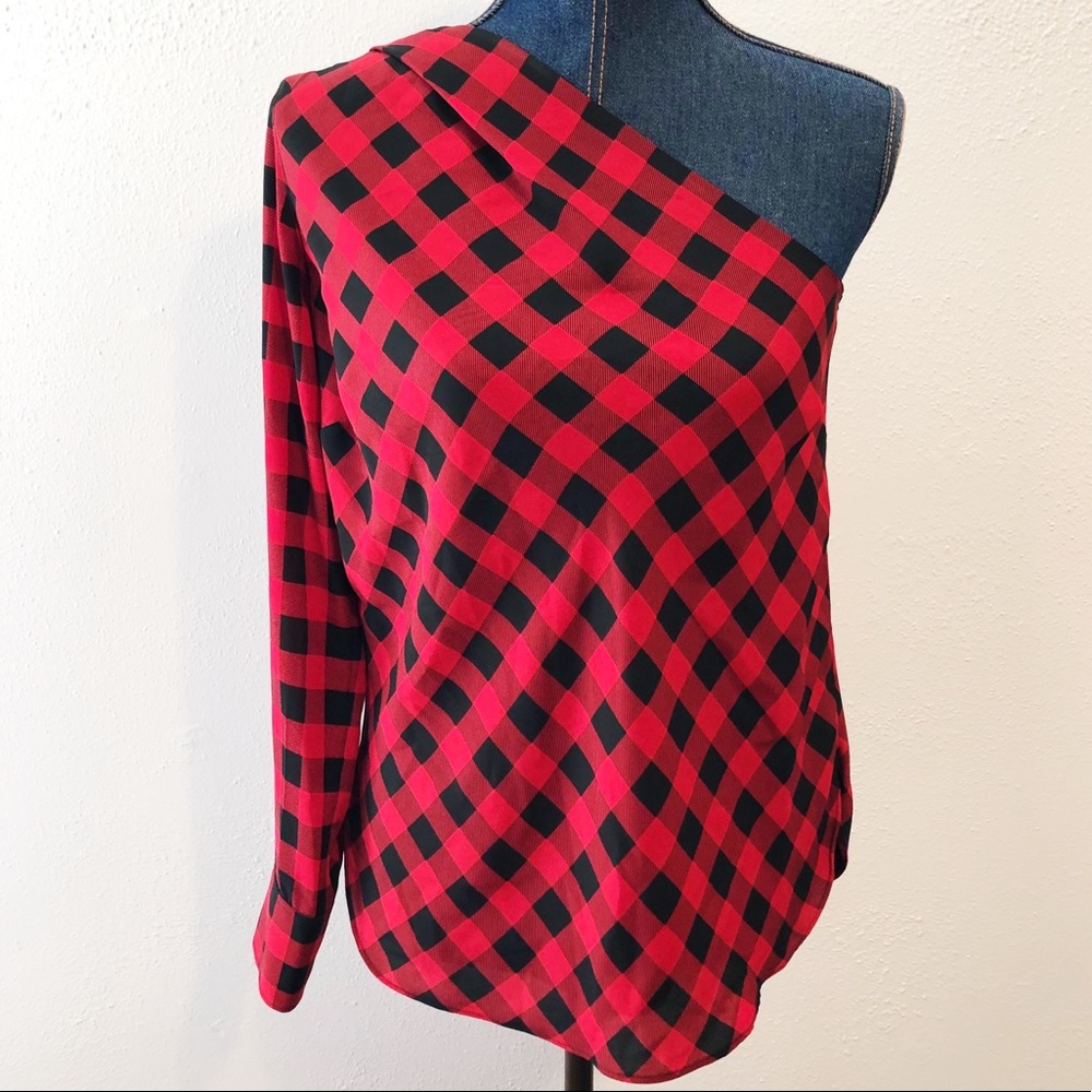 Ralph Lauren black red one sleeve plaid blouse sm